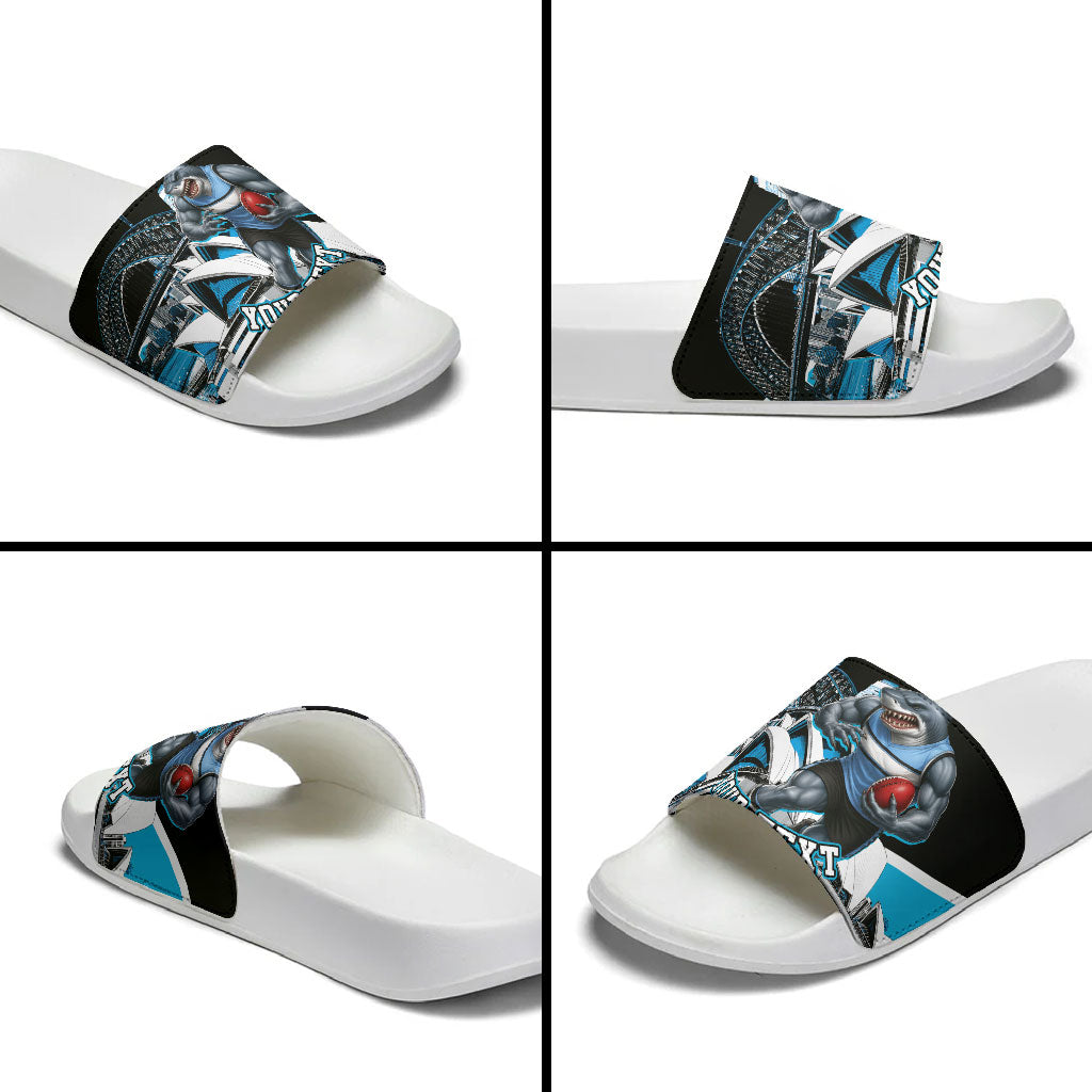 Personalised Sydney Sharks Rugby Slide Sandals Muscular Mascot Harbour Bridge Skyline Graphic