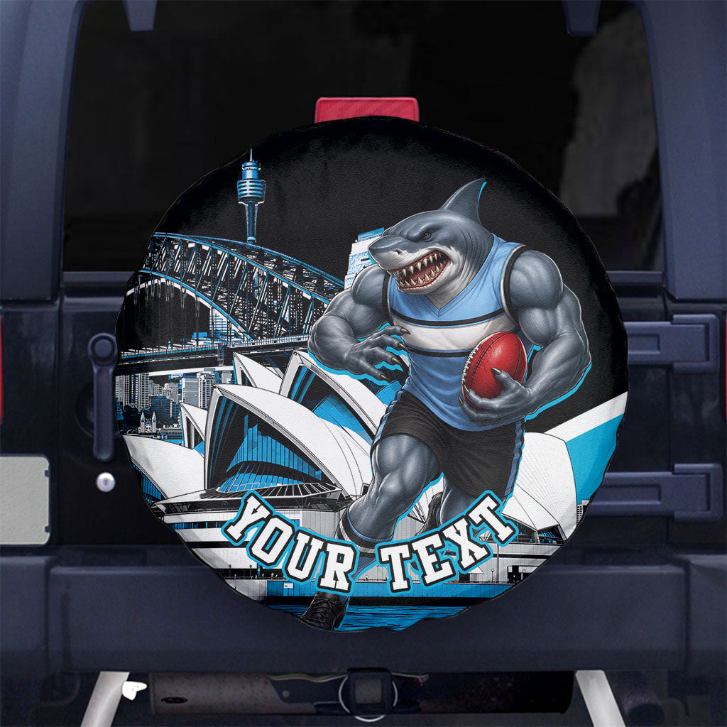 Personalised Sydney Sharks Rugby Spare Tire Cover Muscular Mascot Harbour Bridge Skyline Graphic