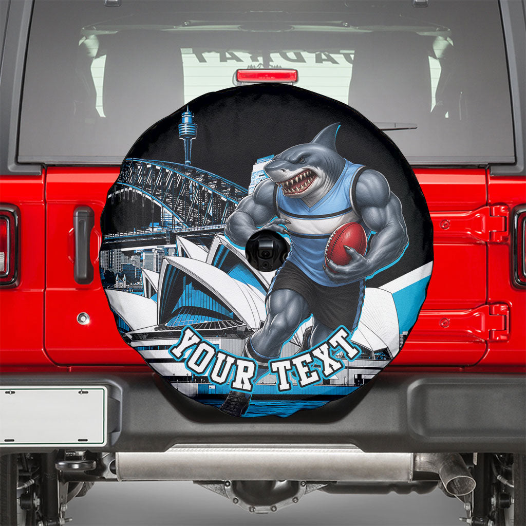 Personalised Sydney Sharks Rugby Spare Tire Cover Muscular Mascot Harbour Bridge Skyline Graphic