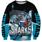 Personalised Sydney Sharks Rugby Sweatshirt Muscular Mascot Harbour Bridge Skyline Graphic