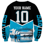 Personalised Sydney Sharks Rugby Sweatshirt Muscular Mascot Harbour Bridge Skyline Graphic