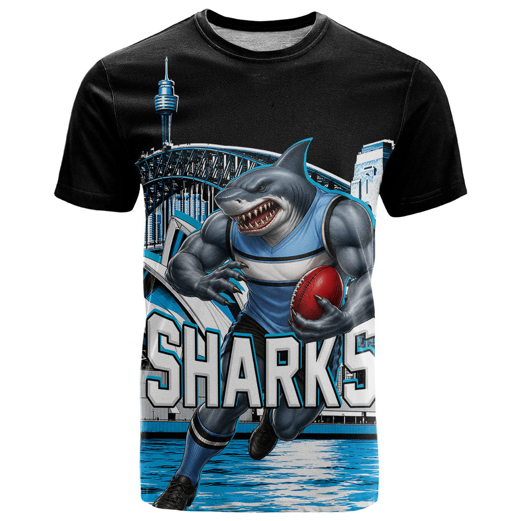 Personalised Sydney Sharks Rugby T Shirt Muscular Mascot Harbour Bridge Skyline Graphic