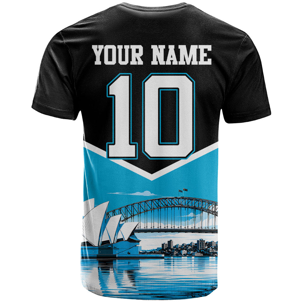 Personalised Sydney Sharks Rugby T Shirt Muscular Mascot Harbour Bridge Skyline Graphic