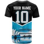 Personalised Sydney Sharks Rugby T Shirt Muscular Mascot Harbour Bridge Skyline Graphic