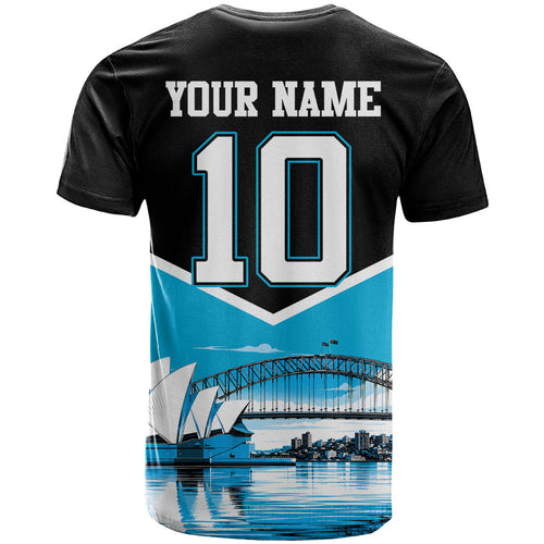 Personalised Sydney Sharks Rugby T Shirt Muscular Mascot Harbour Bridge Skyline Graphic