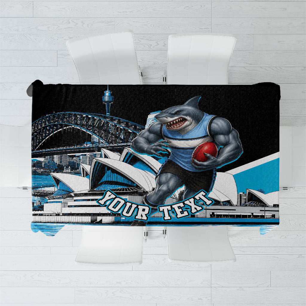 Personalised Sydney Sharks Rugby Tablecloth Muscular Mascot Harbour Bridge Skyline Graphic