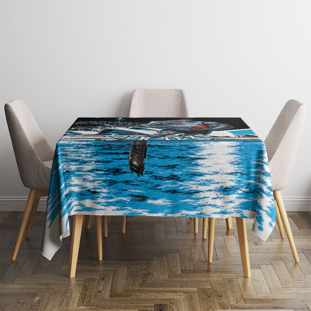 Personalised Sydney Sharks Rugby Tablecloth Muscular Mascot Harbour Bridge Skyline Graphic