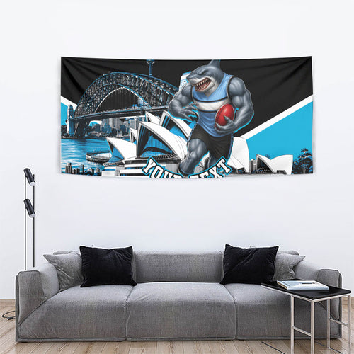 Personalised Sydney Sharks Rugby Tapestry Muscular Mascot Harbour Bridge Skyline Graphic