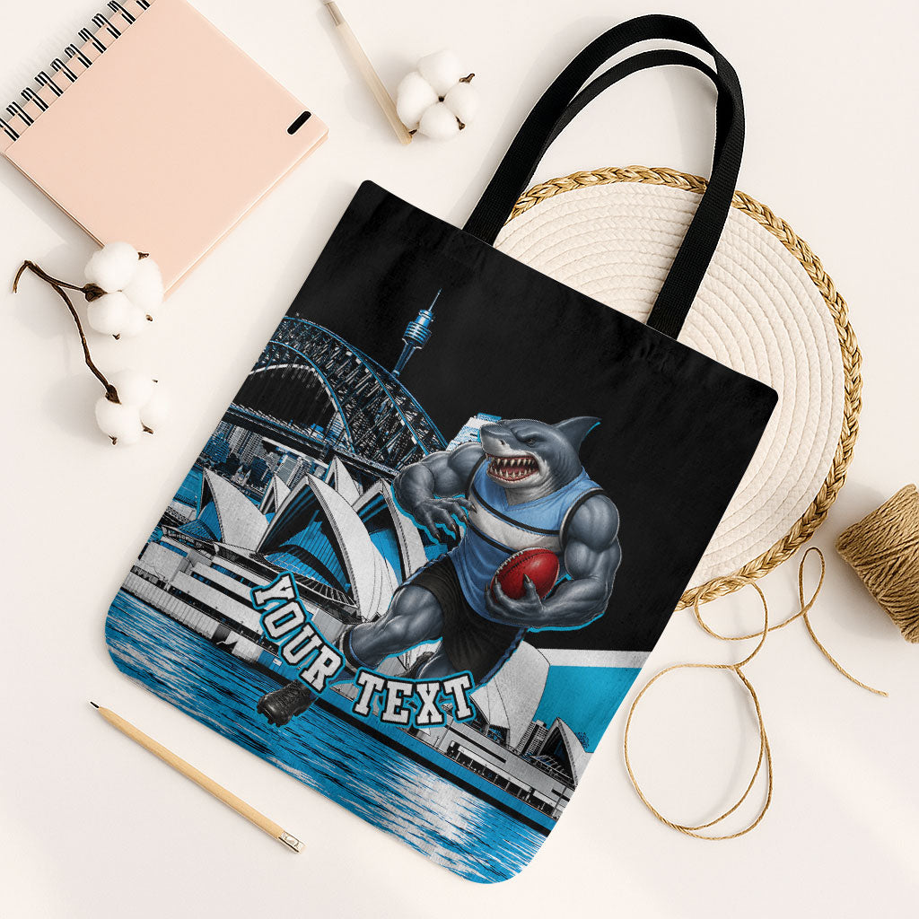 Personalised Sydney Sharks Rugby Tote Bag Muscular Mascot Harbour Bridge Skyline Graphic