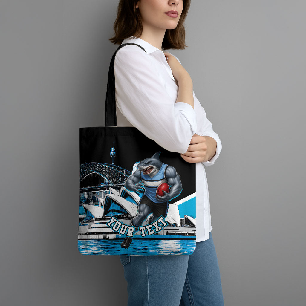 Personalised Sydney Sharks Rugby Tote Bag Muscular Mascot Harbour Bridge Skyline Graphic