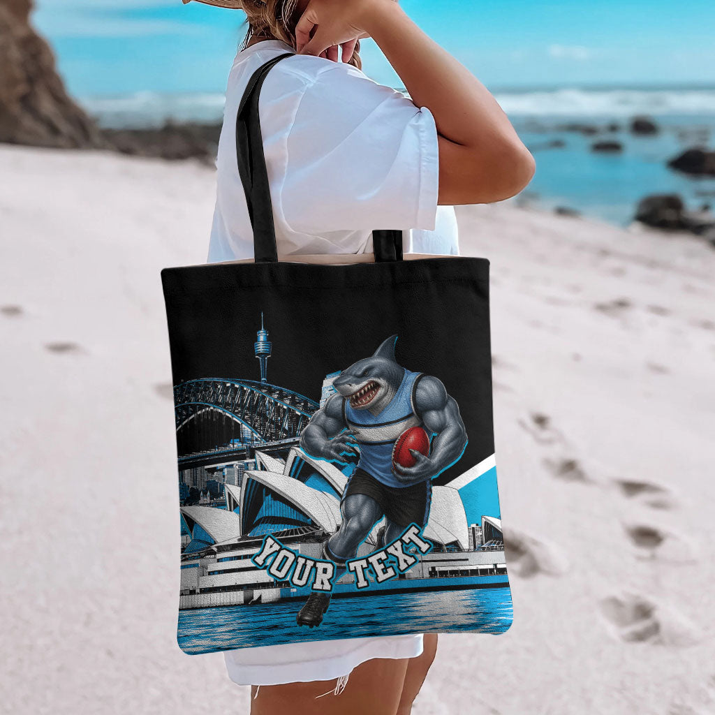 Personalised Sydney Sharks Rugby Tote Bag Muscular Mascot Harbour Bridge Skyline Graphic