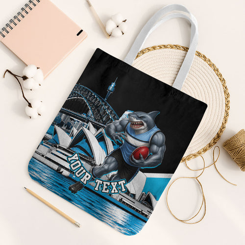 Personalised Sydney Sharks Rugby Tote Bag Muscular Mascot Harbour Bridge Skyline Graphic