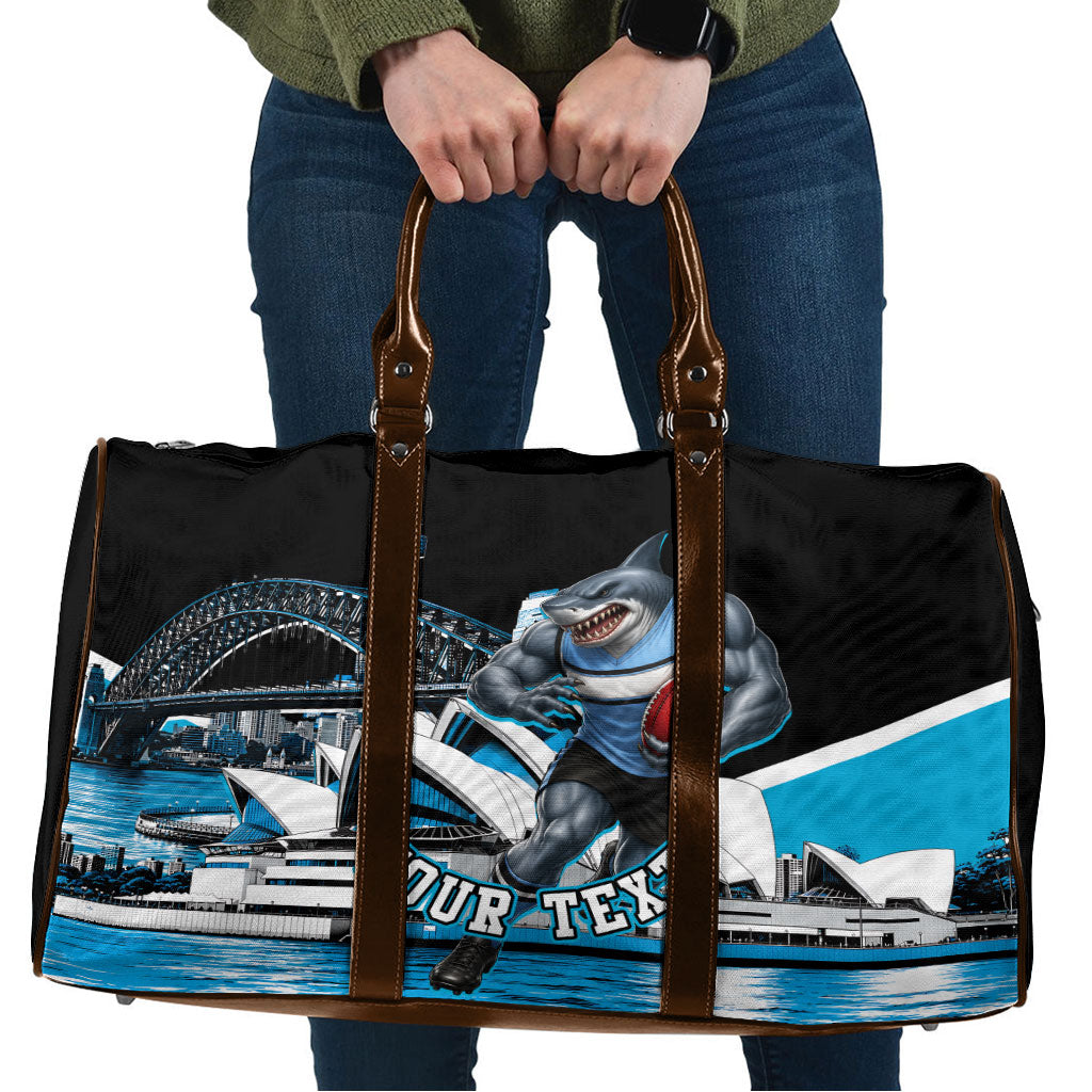 Personalised Sydney Sharks Rugby Travel Bag Muscular Mascot Harbour Bridge Skyline Graphic