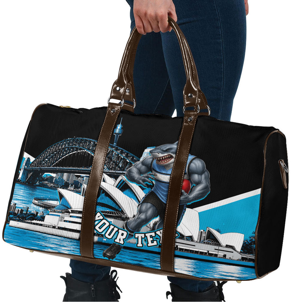 Personalised Sydney Sharks Rugby Travel Bag Muscular Mascot Harbour Bridge Skyline Graphic