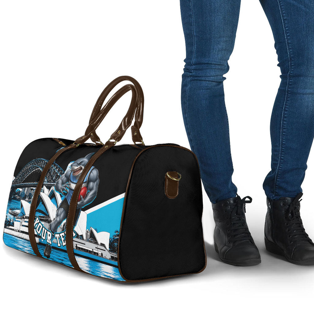 Personalised Sydney Sharks Rugby Travel Bag Muscular Mascot Harbour Bridge Skyline Graphic