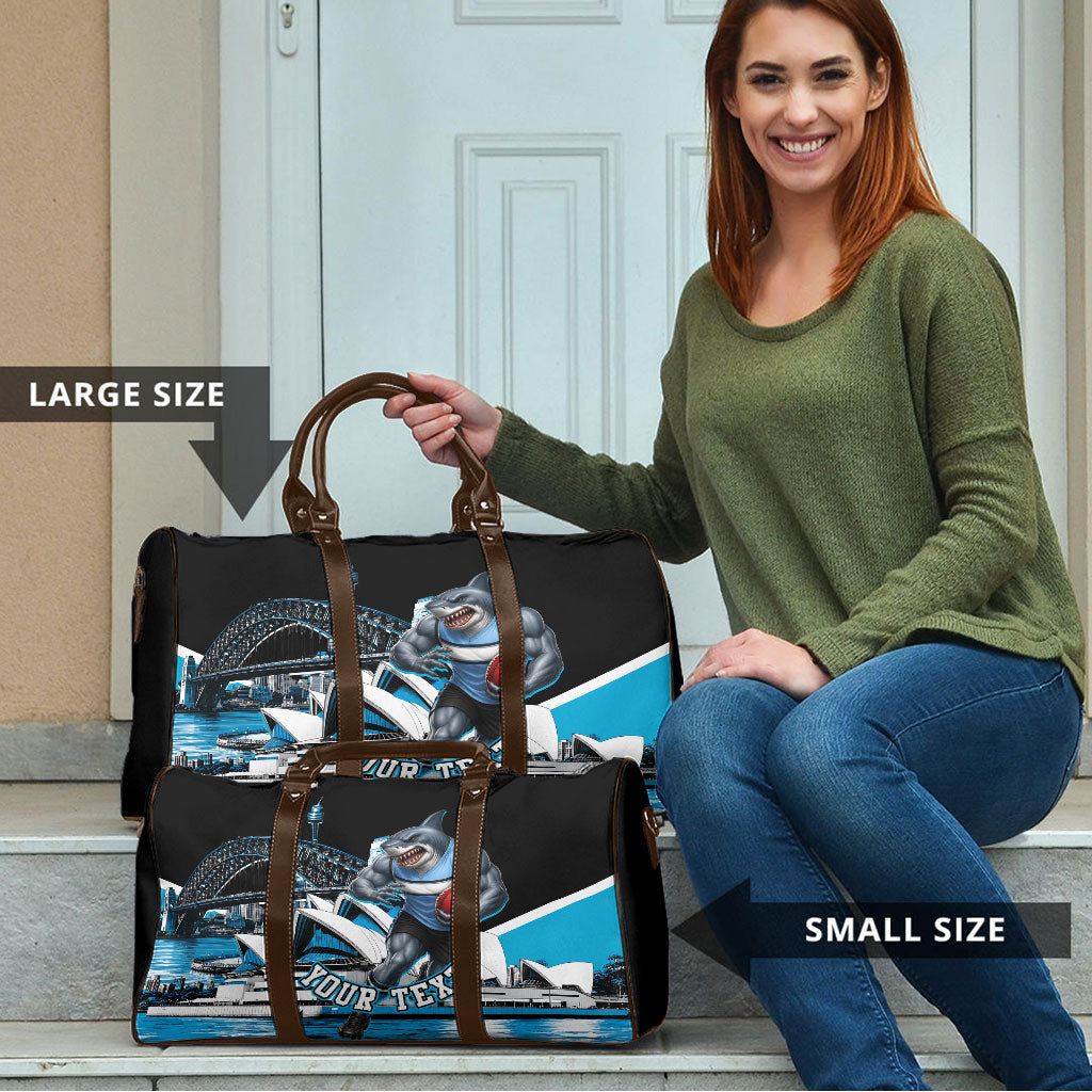 Personalised Sydney Sharks Rugby Travel Bag Muscular Mascot Harbour Bridge Skyline Graphic