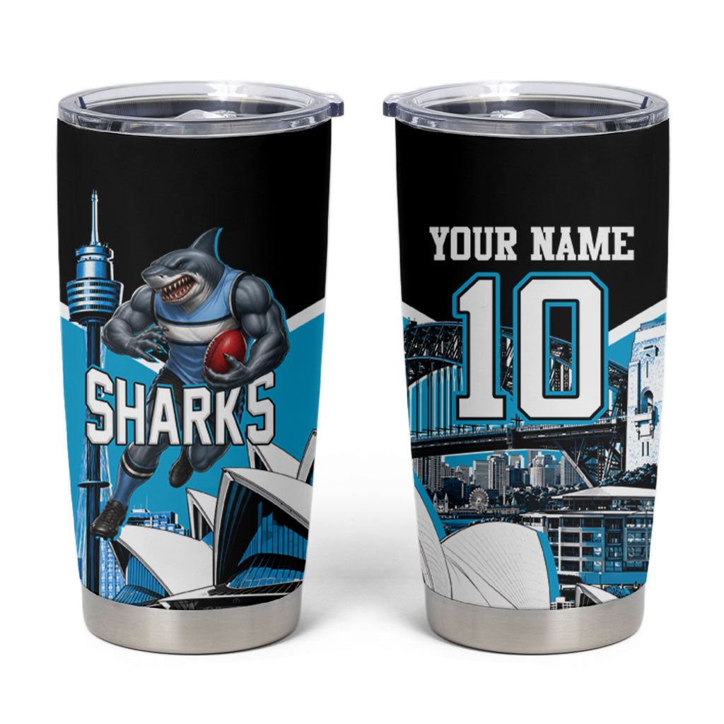 Personalised Sydney Sharks Rugby Tumbler Cup Muscular Mascot Harbour Bridge Skyline Graphic