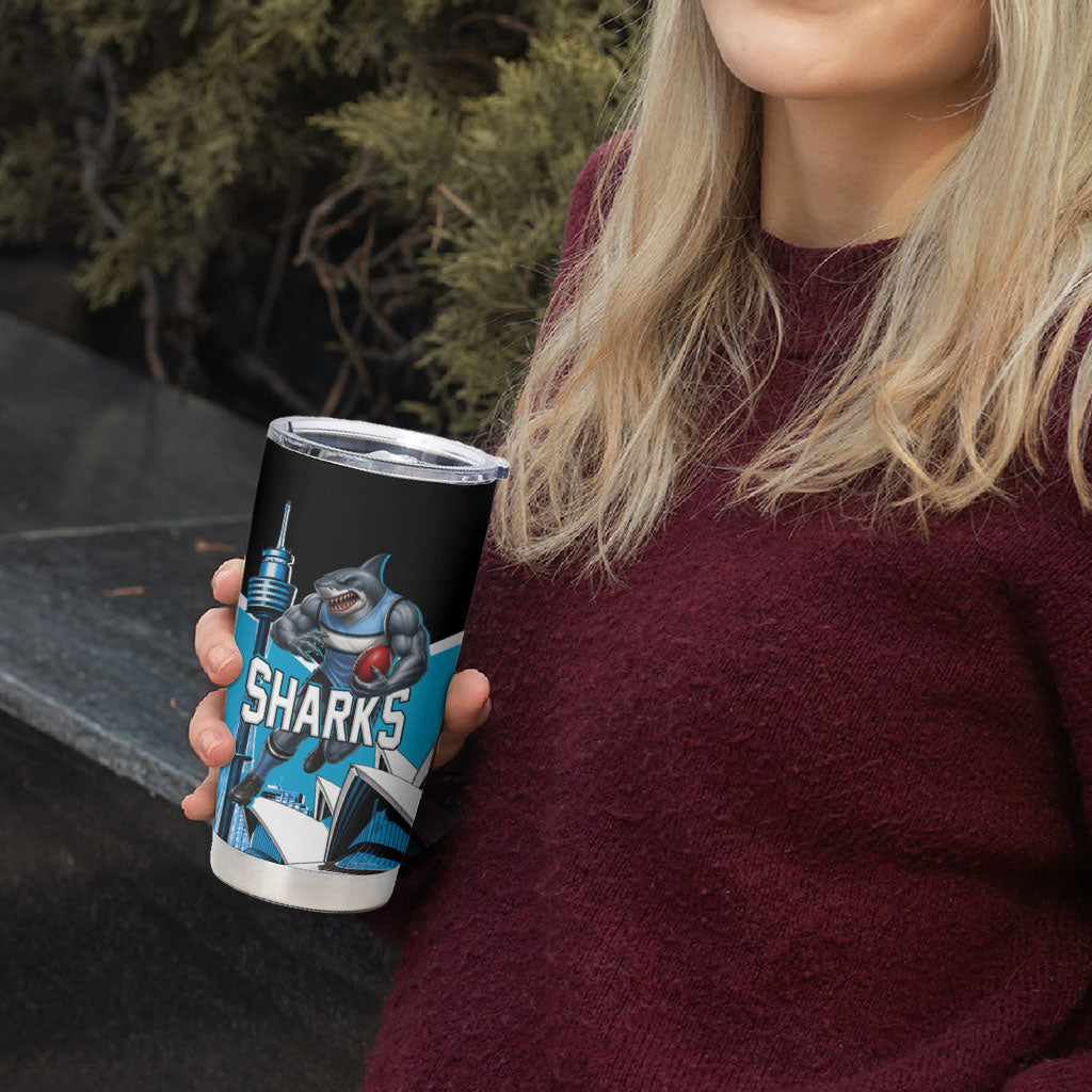 Personalised Sydney Sharks Rugby Tumbler Cup Muscular Mascot Harbour Bridge Skyline Graphic