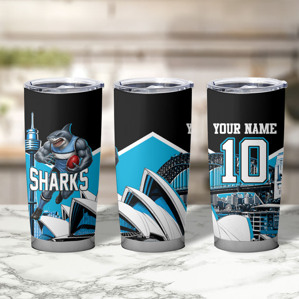Personalised Sydney Sharks Rugby Tumbler Cup Muscular Mascot Harbour Bridge Skyline Graphic