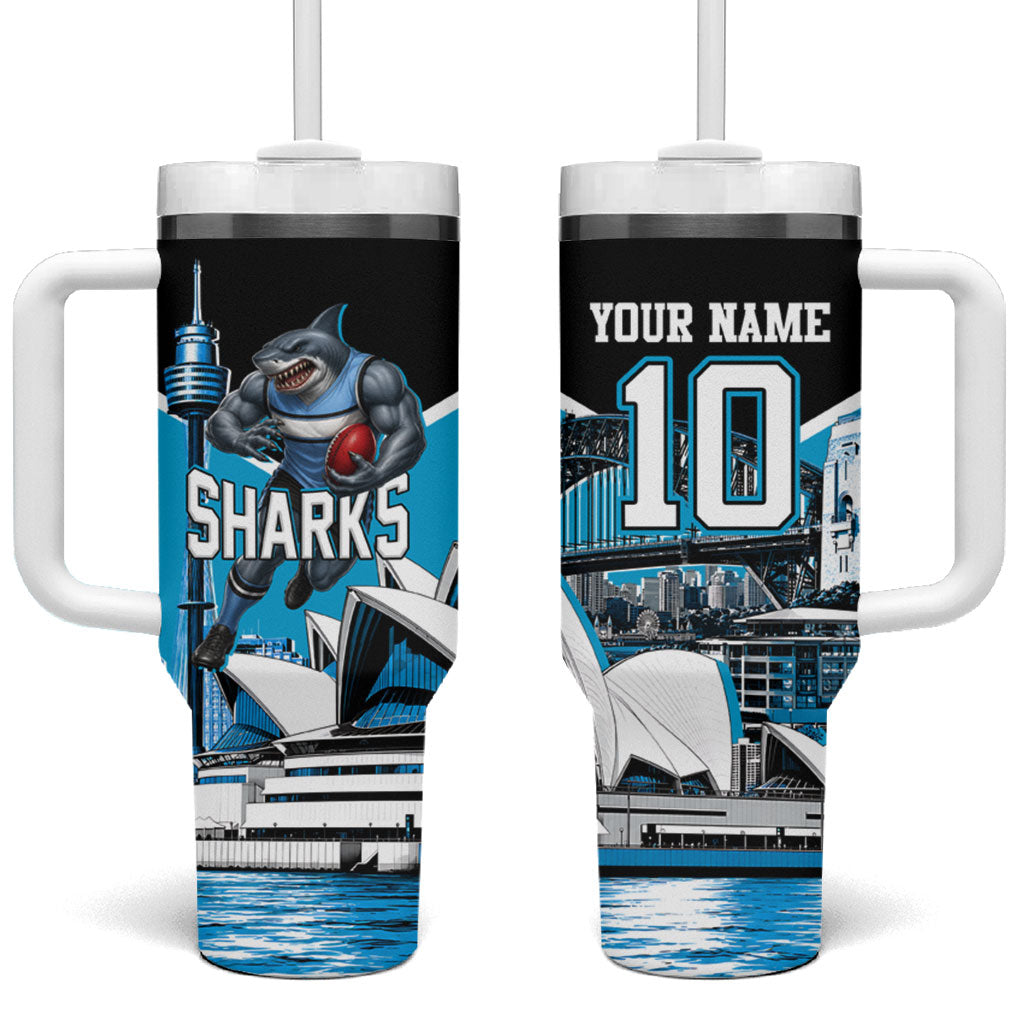 Personalised Sydney Sharks Rugby Tumbler With Handle Muscular Mascot Harbour Bridge Skyline Graphic