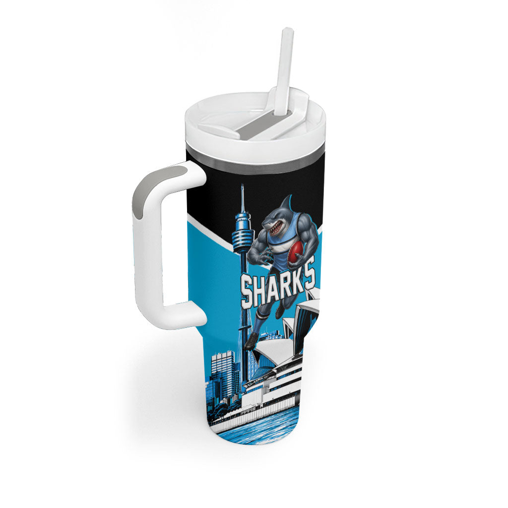 Personalised Sydney Sharks Rugby Tumbler With Handle Muscular Mascot Harbour Bridge Skyline Graphic