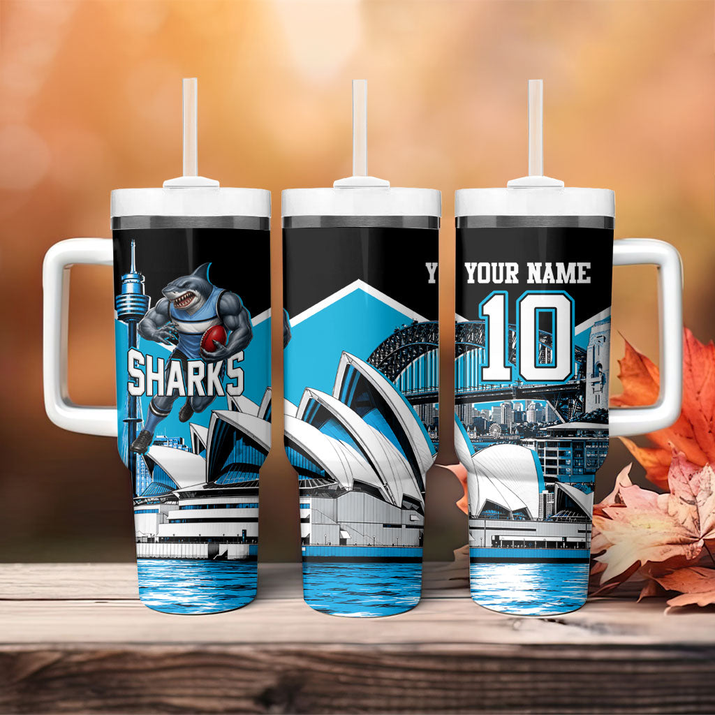 Personalised Sydney Sharks Rugby Tumbler With Handle Muscular Mascot Harbour Bridge Skyline Graphic