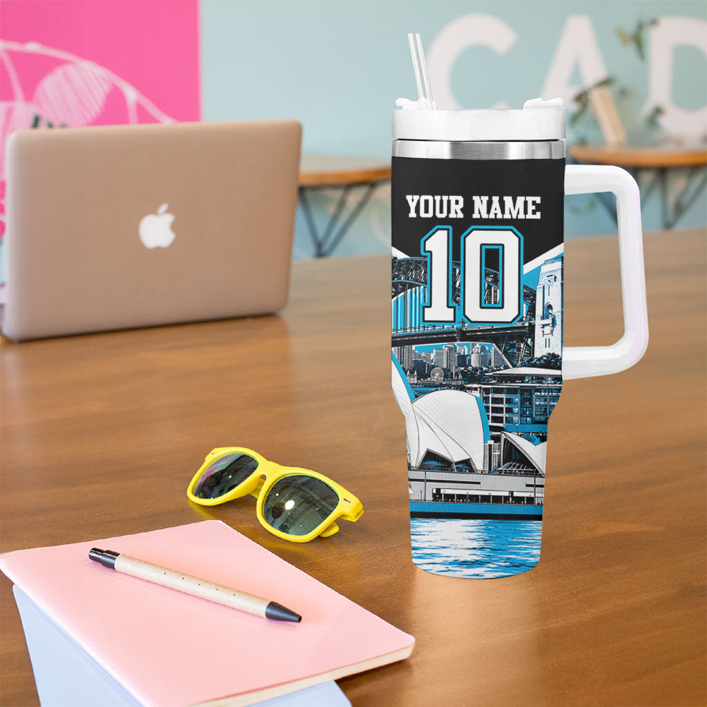 Personalised Sydney Sharks Rugby Tumbler With Handle Muscular Mascot Harbour Bridge Skyline Graphic