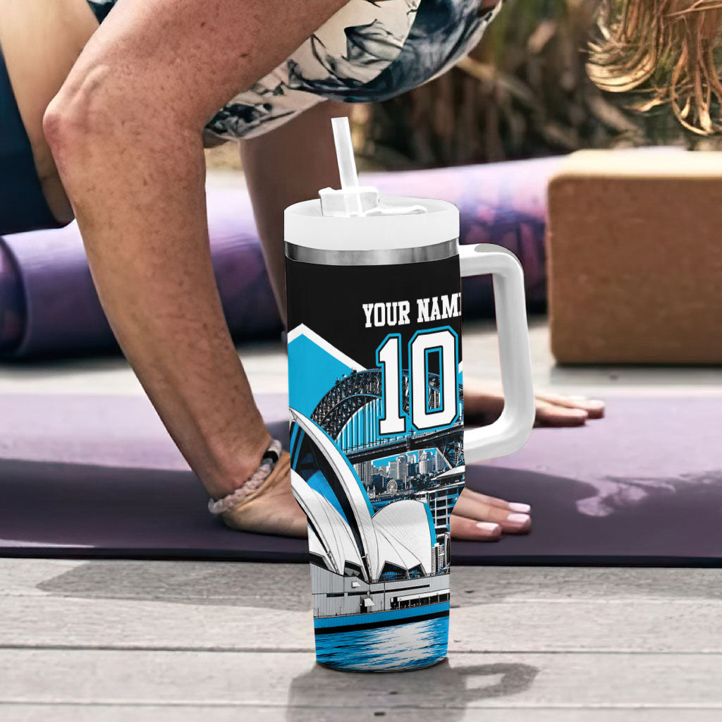 Personalised Sydney Sharks Rugby Tumbler With Handle Muscular Mascot Harbour Bridge Skyline Graphic