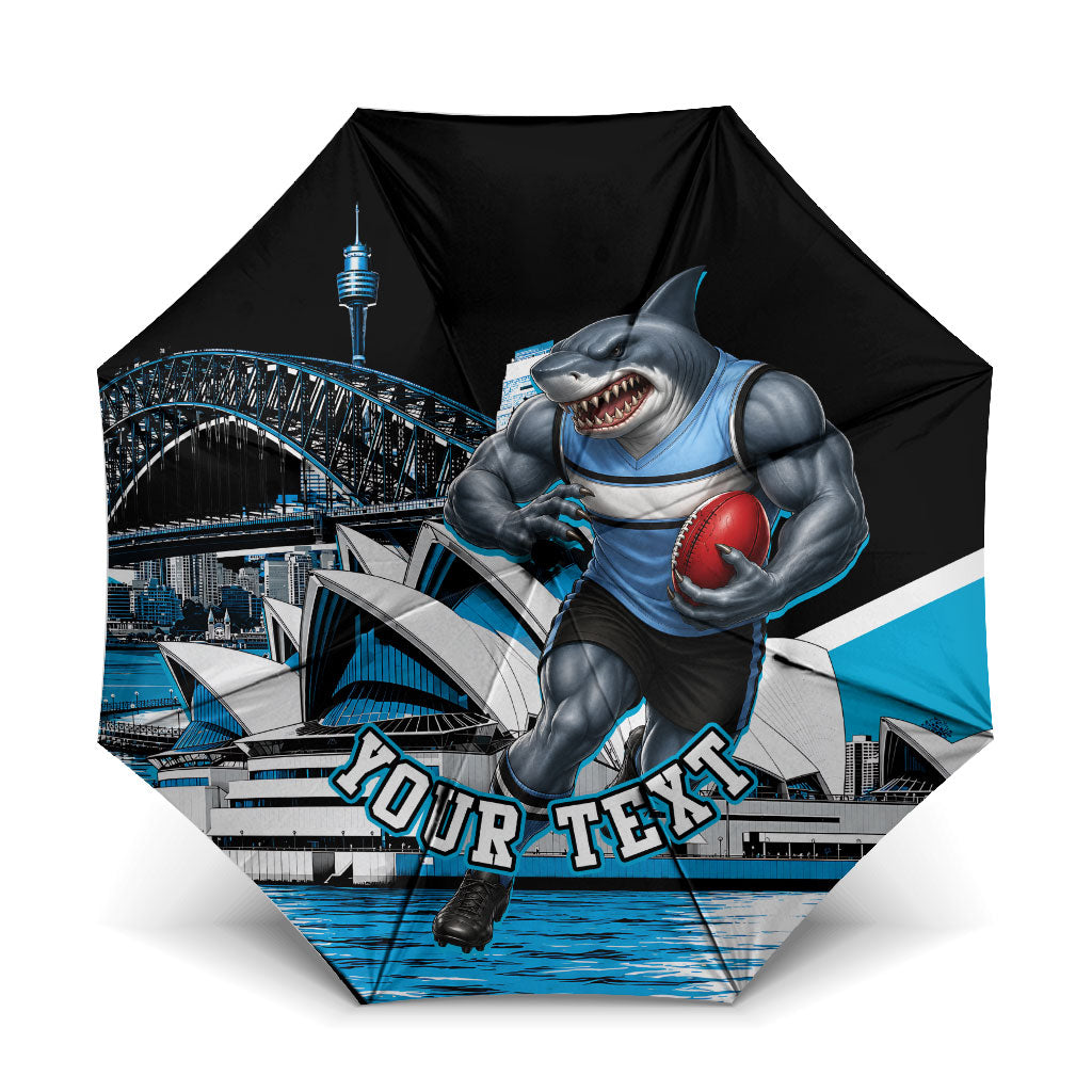 Personalised Sydney Sharks Rugby Umbrella Muscular Mascot Harbour Bridge Skyline Graphic