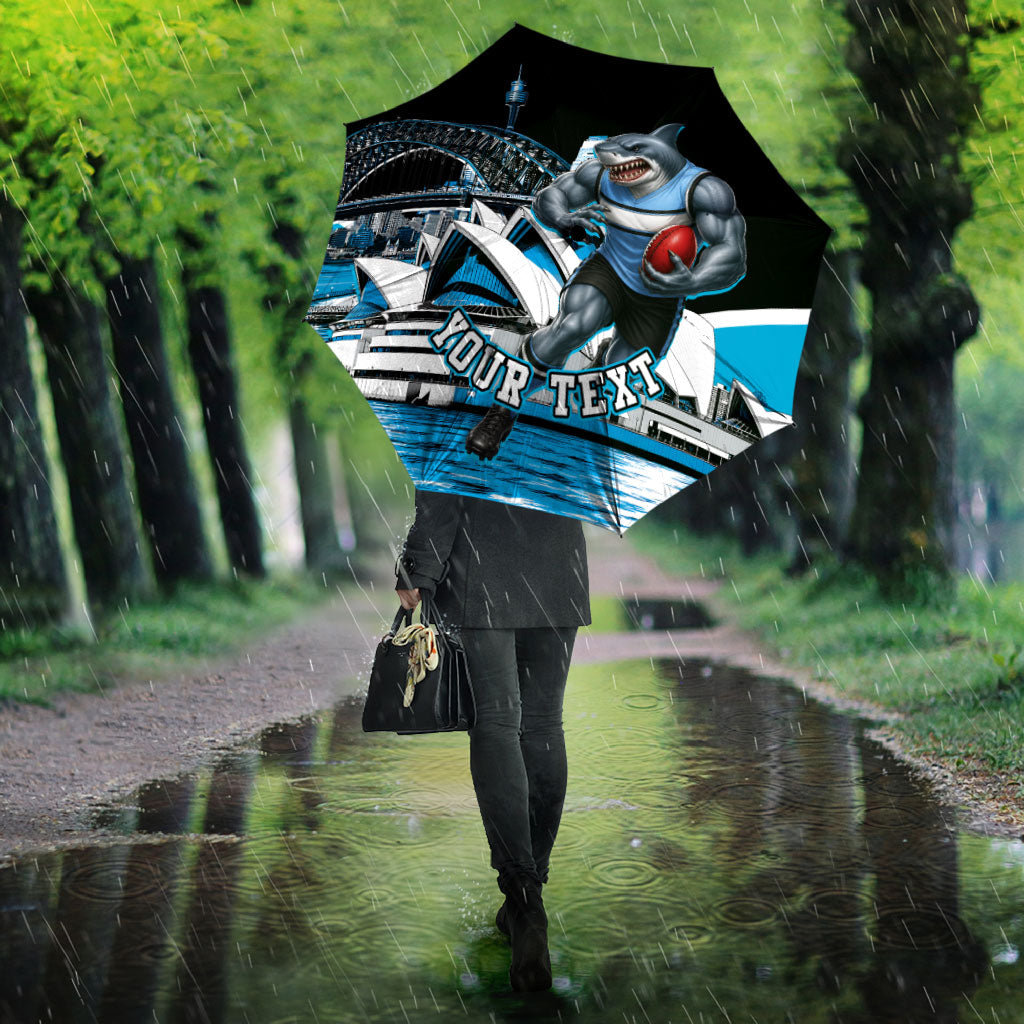 Personalised Sydney Sharks Rugby Umbrella Muscular Mascot Harbour Bridge Skyline Graphic