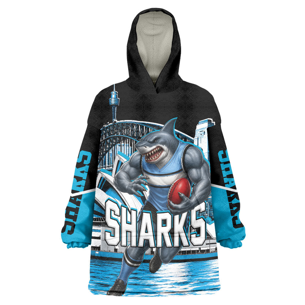 Personalised Sydney Sharks Rugby Wearable Blanket Hoodie Muscular Mascot Harbour Bridge Skyline Graphic