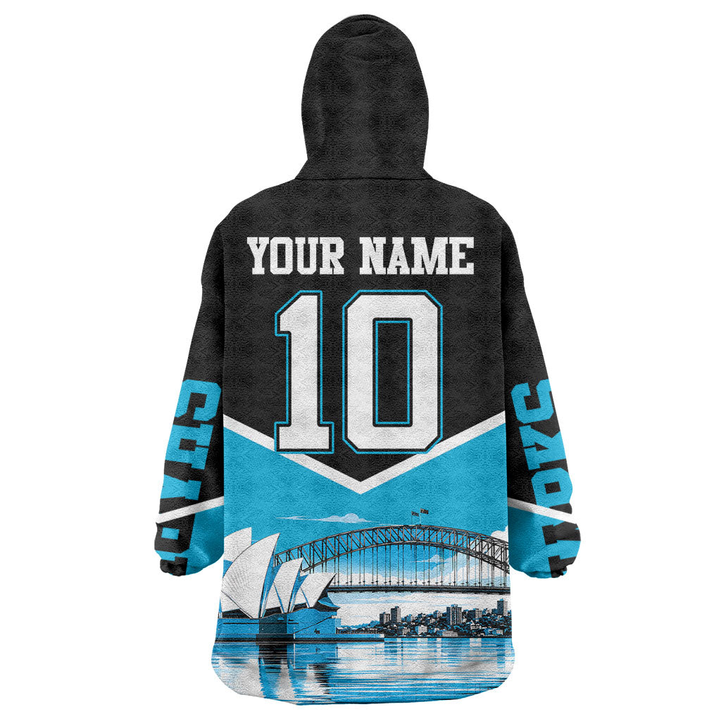 Personalised Sydney Sharks Rugby Wearable Blanket Hoodie Muscular Mascot Harbour Bridge Skyline Graphic