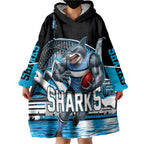 Personalised Sydney Sharks Rugby Wearable Blanket Hoodie Muscular Mascot Harbour Bridge Skyline Graphic