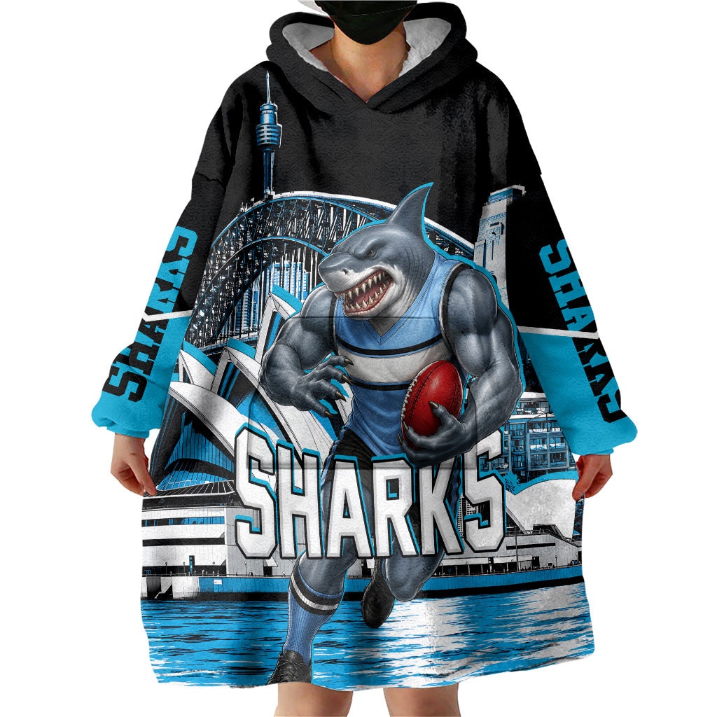 Personalised Sydney Sharks Rugby Wearable Blanket Hoodie Muscular Mascot Harbour Bridge Skyline Graphic