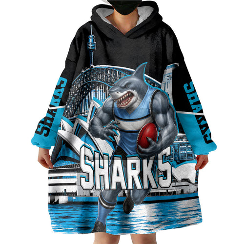 Personalised Sydney Sharks Rugby Wearable Blanket Hoodie Muscular Mascot Harbour Bridge Skyline Graphic