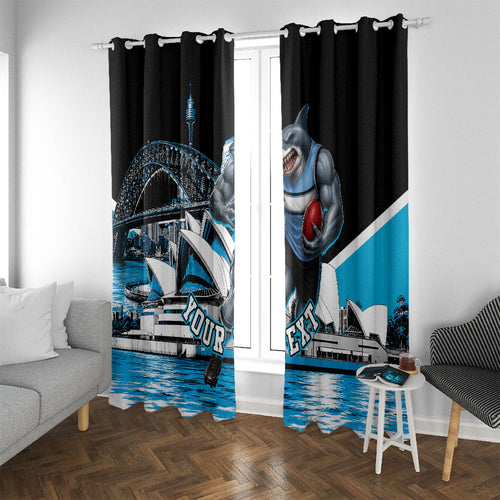 Personalised Sydney Sharks Rugby Window Curtain Muscular Mascot Harbour Bridge Skyline Graphic