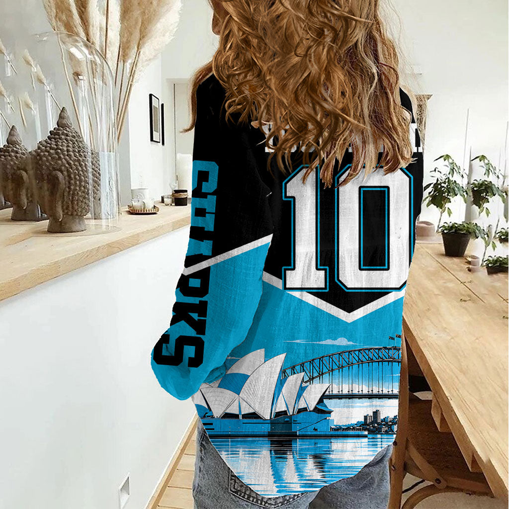 Personalised Sydney Sharks Rugby Women Casual Shirt Muscular Mascot Harbour Bridge Skyline Graphic