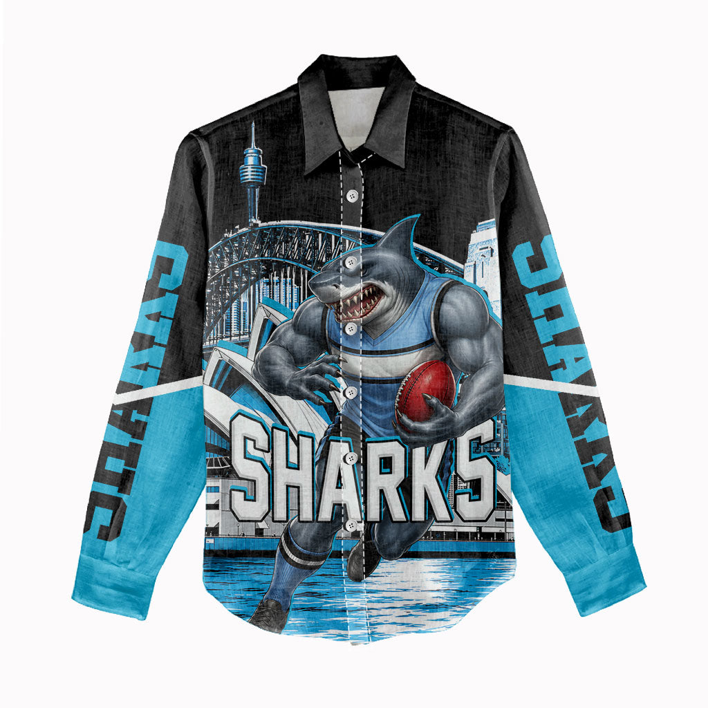Personalised Sydney Sharks Rugby Women Casual Shirt Muscular Mascot Harbour Bridge Skyline Graphic