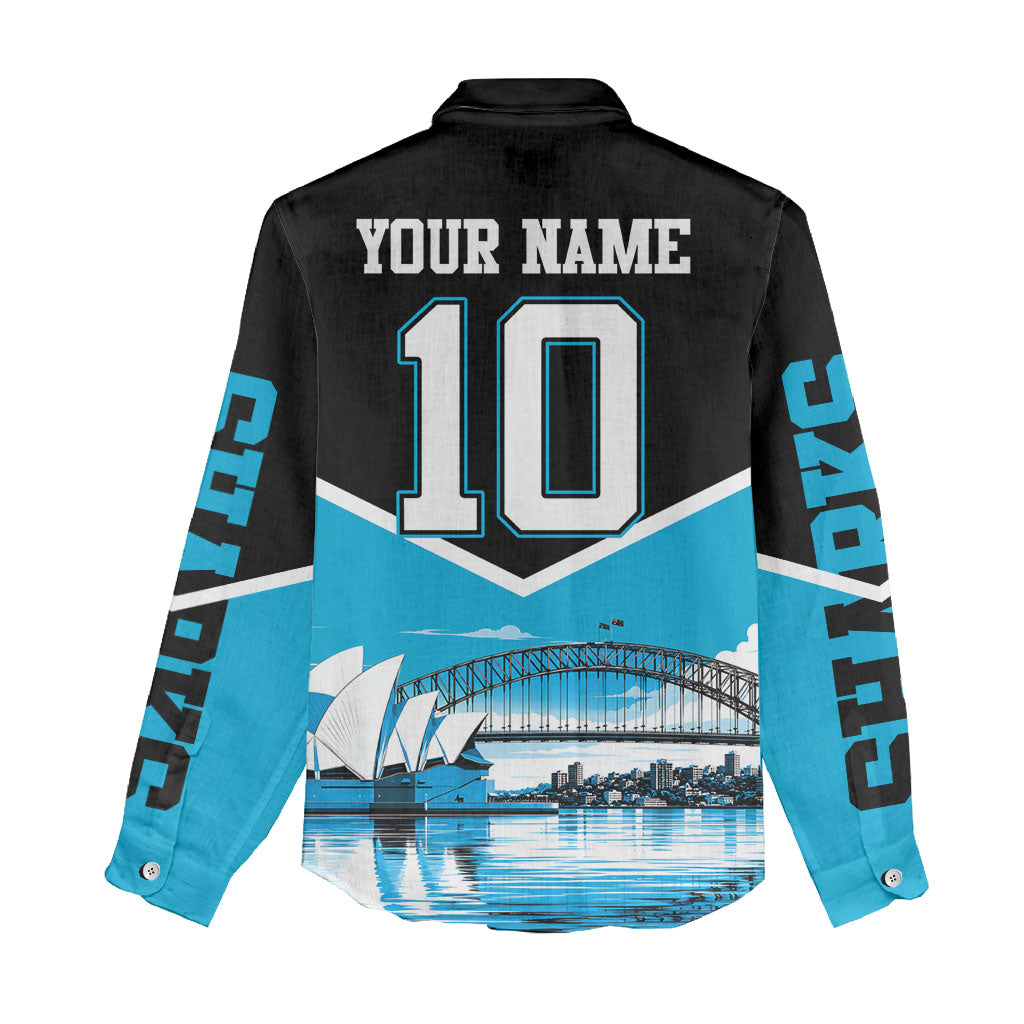Personalised Sydney Sharks Rugby Women Casual Shirt Muscular Mascot Harbour Bridge Skyline Graphic