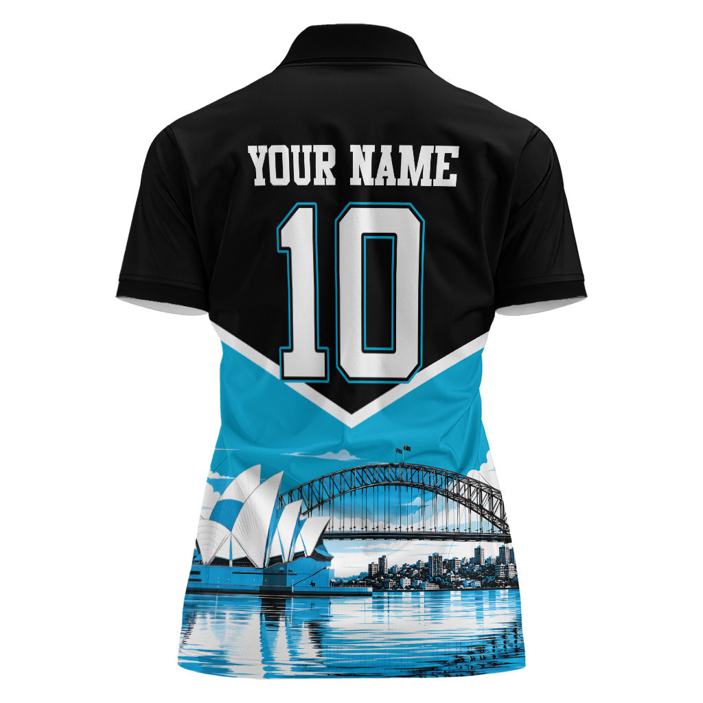 Personalised Sydney Sharks Rugby Women Polo Shirt Muscular Mascot Harbour Bridge Skyline Graphic
