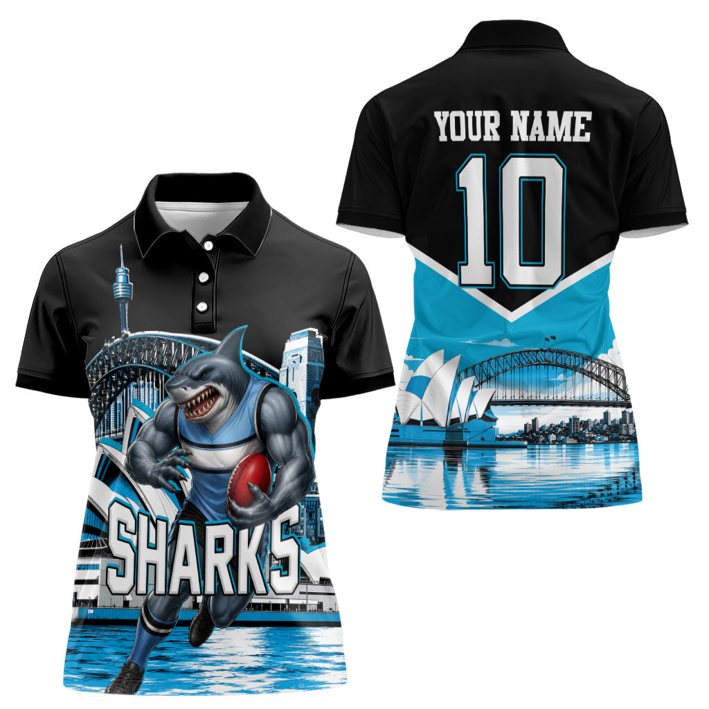 Personalised Sydney Sharks Rugby Women Polo Shirt Muscular Mascot Harbour Bridge Skyline Graphic