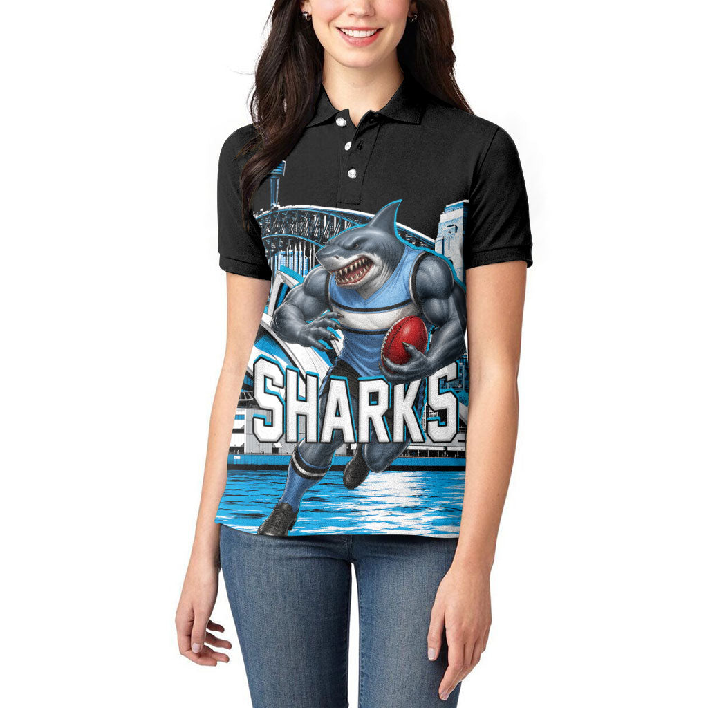 Personalised Sydney Sharks Rugby Women Polo Shirt Muscular Mascot Harbour Bridge Skyline Graphic