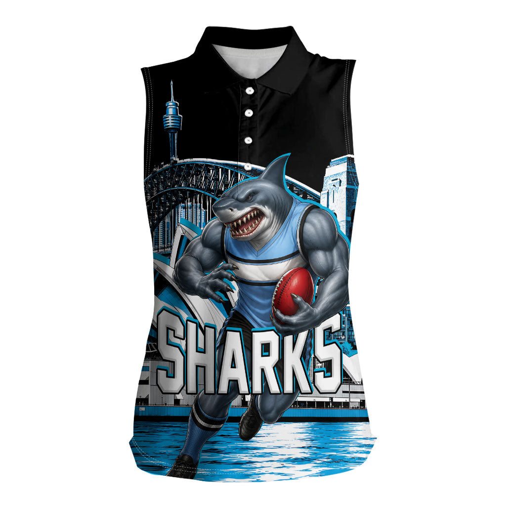 Personalised Sydney Sharks Rugby Women Sleeveless Polo Shirt Muscular Mascot Harbour Bridge Skyline Graphic