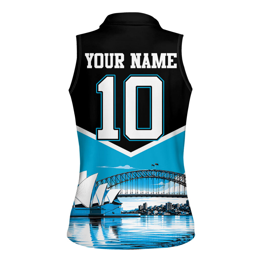 Personalised Sydney Sharks Rugby Women Sleeveless Polo Shirt Muscular Mascot Harbour Bridge Skyline Graphic