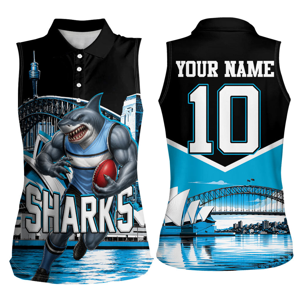 Personalised Sydney Sharks Rugby Women Sleeveless Polo Shirt Muscular Mascot Harbour Bridge Skyline Graphic