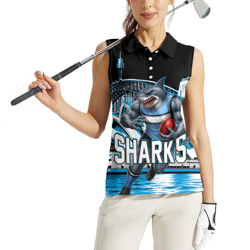 Personalised Sydney Sharks Rugby Women Sleeveless Polo Shirt Muscular Mascot Harbour Bridge Skyline Graphic