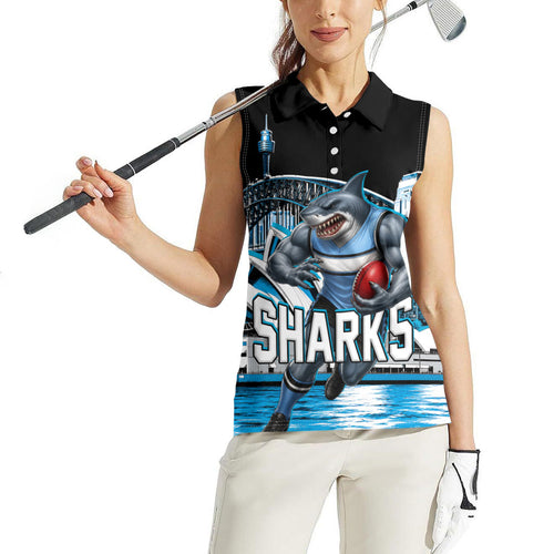 Personalised Sydney Sharks Rugby Women Sleeveless Polo Shirt Muscular Mascot Harbour Bridge Skyline Graphic