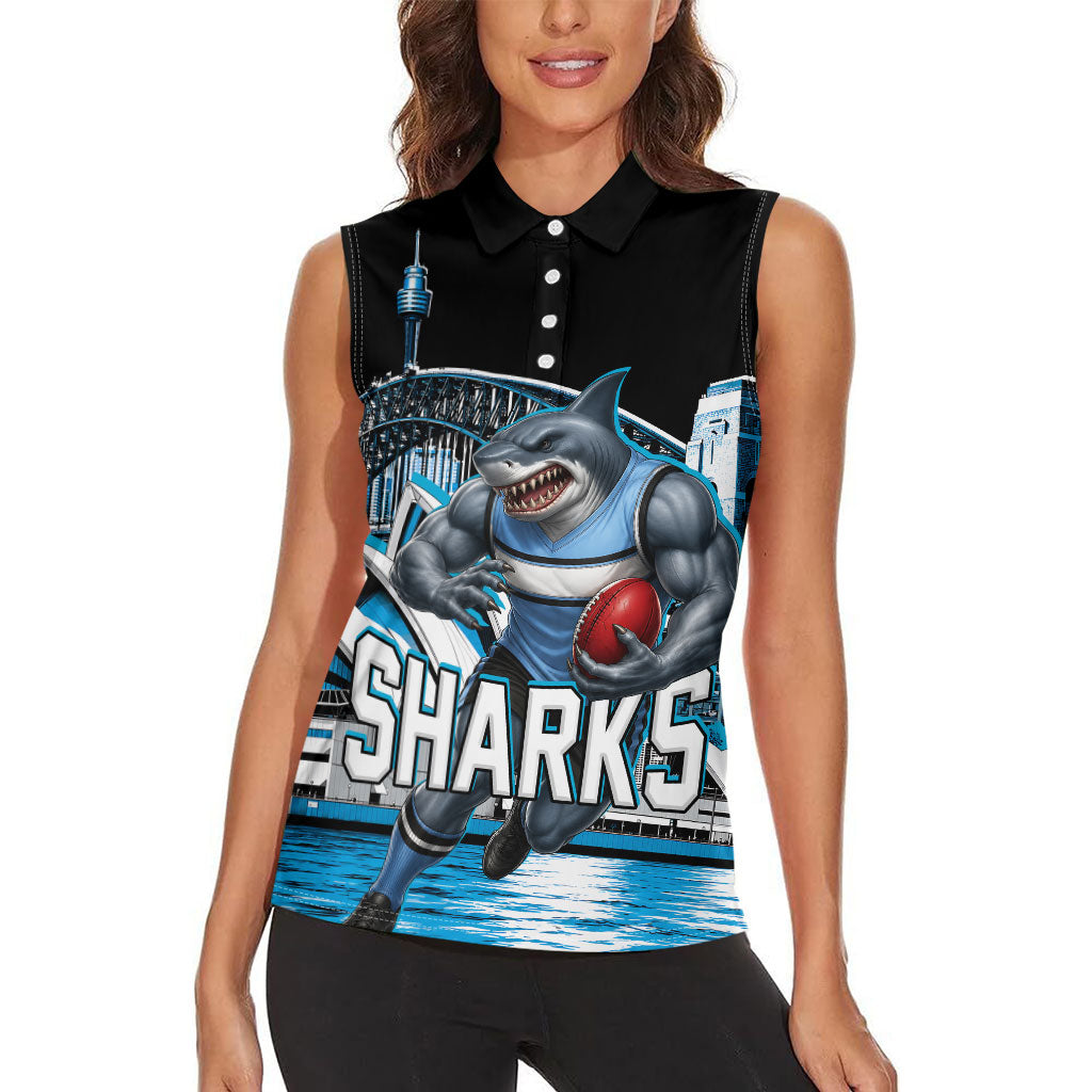 Personalised Sydney Sharks Rugby Women Sleeveless Polo Shirt Muscular Mascot Harbour Bridge Skyline Graphic