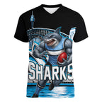 Personalised Sydney Sharks Rugby Women V-Neck T-Shirt Muscular Mascot Harbour Bridge Skyline Graphic