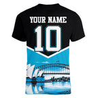Personalised Sydney Sharks Rugby Women V-Neck T-Shirt Muscular Mascot Harbour Bridge Skyline Graphic